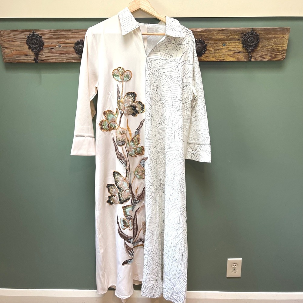 Naylara Lamiya kaftan Beaded Floral Split Design Maxi Dress Cream Silver Medium - Picture 1 of 8